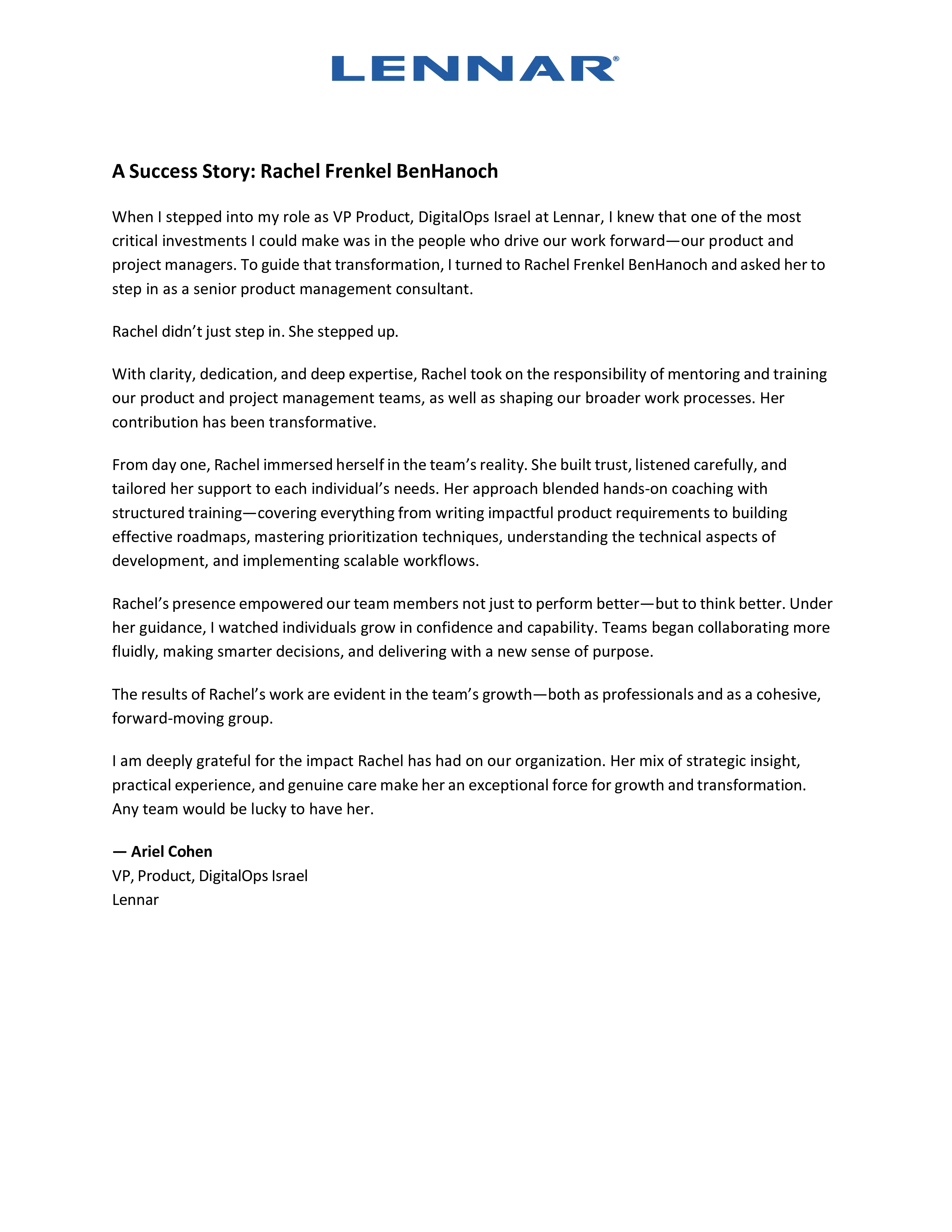 Letter by Ariel Cohen from Lennar